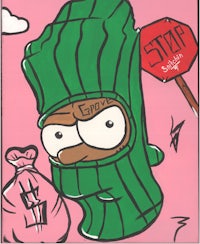 a cartoon of a man in a green hat with a stop sign